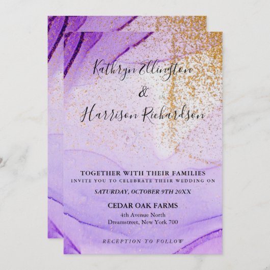 Paarse Gouden Vintage Waterverf Bruiloftsinvitatie Kaart (Voorkant / Achterkant)