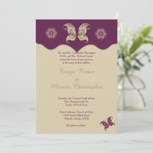 Paarse gouden vlinder - 7 dagen per week - uitnodi kaart (Staand voorkant)