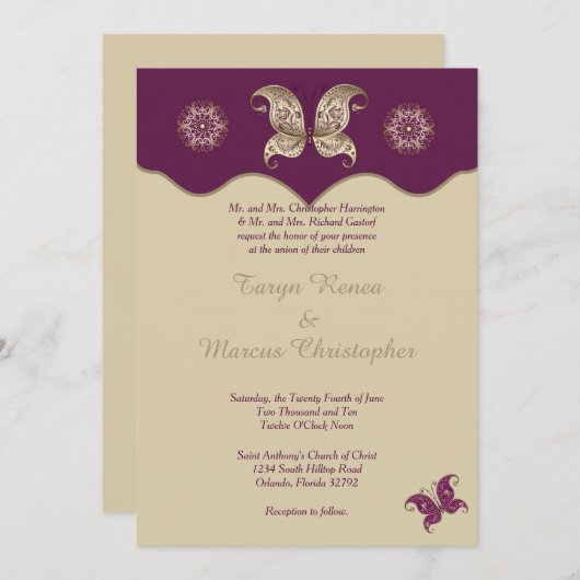 Paarse gouden vlinder - 7 dagen per week - uitnodi kaart (Voorkant / Achterkant)