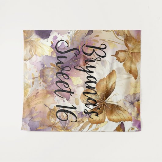 Paarse & Gouden Vlinder Aquarel Vlinders Wandkleed (Voorkant (horizontaal))