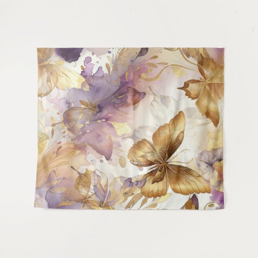 Paarse & Gouden Vlinder Aquarel Vlinders Wandkleed (Voorkant (horizontaal))