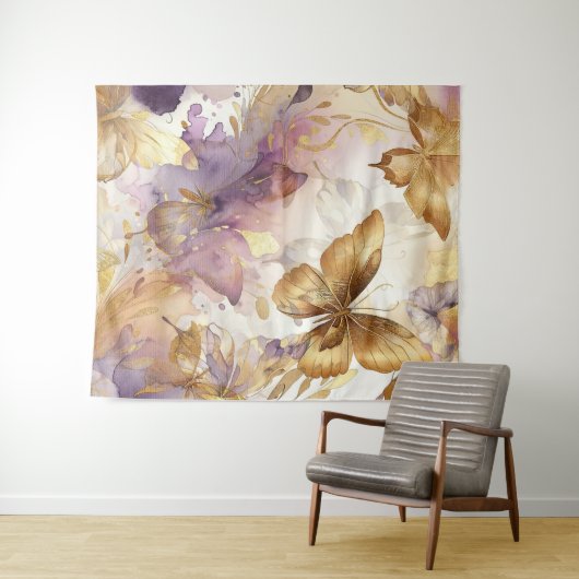 Paarse & Gouden Vlinder Aquarel Vlinders Wandkleed (In Situ (horizontaal))