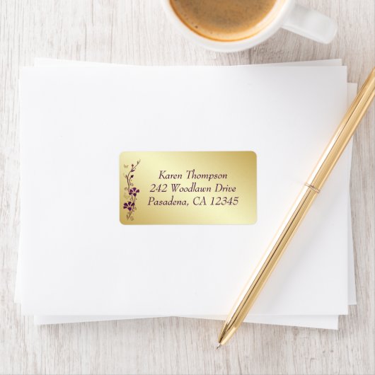 Paarse, gouden vlinder bloemen retour adres label (Insitu)