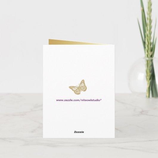 Paarse, gouden vlinder, bloemenbedankje Opmerking  Bedankkaart (Achterkant)