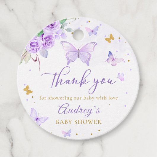 Paarse gouden vlinder bloemenmeisje Baby shower Bedankjes Labels (Voorkant)