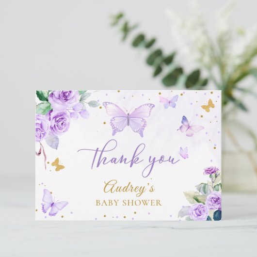 Paarse gouden vlinder bloemenmeisje Baby shower Bedankkaart (Staand voorkant)
