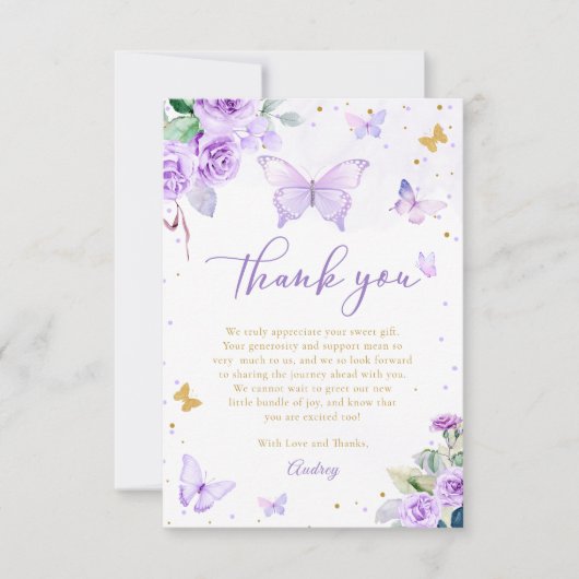 Paarse gouden vlinder bloemenmeisje Baby shower Bedankkaart (Voorkant)
