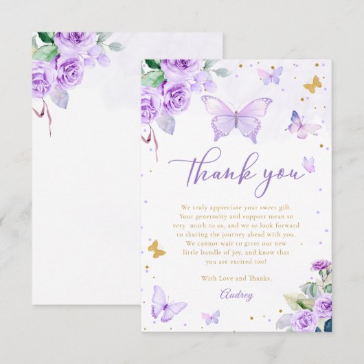 Paarse gouden vlinder bloemenmeisje Baby shower Bedankkaart (Voorkant / Achterkant)
