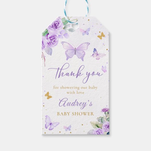 Paarse gouden vlinder bloemenmeisje Baby shower Cadeaulabel (Voorkant)