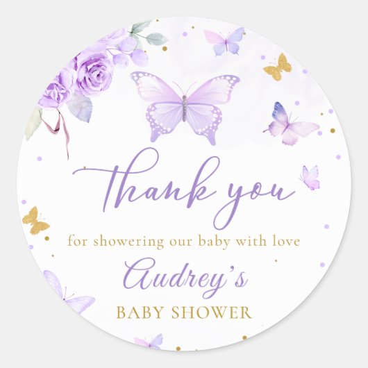 Paarse gouden vlinder bloemenmeisje Baby shower Ronde Sticker (Voorkant)
