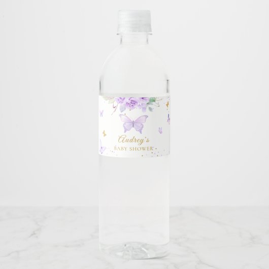 Paarse gouden vlinder bloemenmeisje Baby shower Waterfles Etiket (Voorkant)