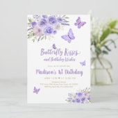 Paarse gouden vlinder bloemenverjaardag kaart (Staand voorkant)