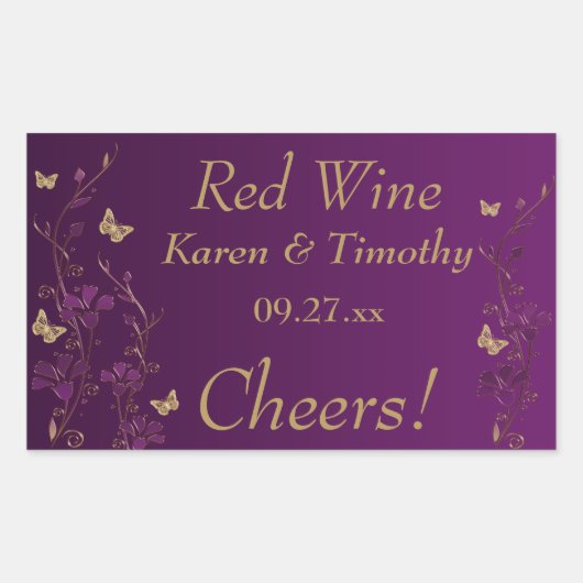 Paarse, gouden vlinder bloemenwijnlabel Sticker 2 (Voorkant)