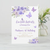 Paarse gouden vlinder bloemig 1e verjaardag kaart (Staand voorkant)