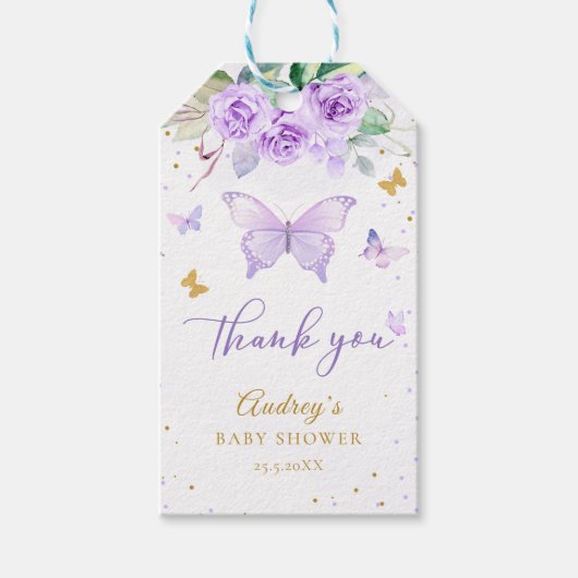 Paarse gouden vlinder bloemig Baby shower Cadeaulabel (Voorkant)