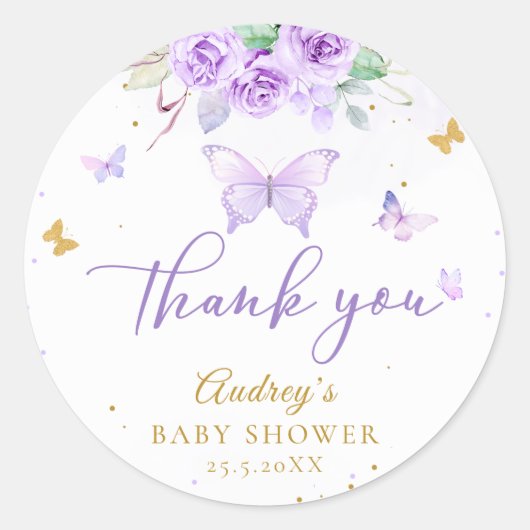 Paarse gouden vlinder bloemig Baby shower Ronde Sticker (Voorkant)