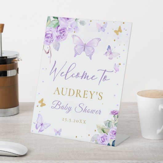 Paarse gouden vlinder bloemig Baby shower welkom Reclamebord Met Voetstuk (Insitu)
