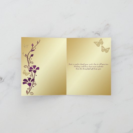 Paarse, gouden vlinder bloemig bedankje Kaart (Binnen)