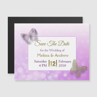 Paarse gouden vlinder bruiloft Save the Date Magne Magnetische Uitnodiging