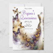Paarse & gouden vlinder jurk fantasie quinceañera kaart (Voorkant)