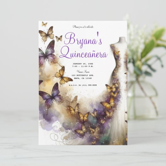 Paarse & gouden vlinder jurk fantasie quinceañera kaart (Staand voorkant)