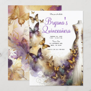 Paarse & Gouden Vlinder Jurk Fantasy Quinceañera Kaart