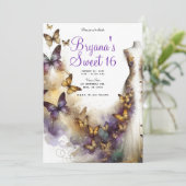 Paarse & Gouden Vlinder Jurk Fantasy Sweet 16  Kaart (Staand voorkant)