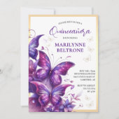 Paarse Gouden Vlinder Quinceañera Kaart (Voorkant)