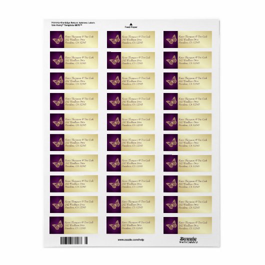 Paarse, gouden vlinder retour adreslabel etiket (Full Sheet)