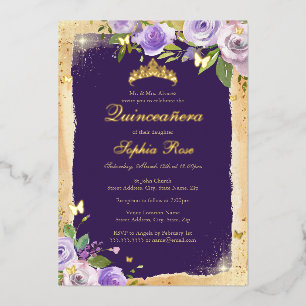 Paarse Gouden Vlinder Roos Bloemige Quinceanera Folie Uitnodiging