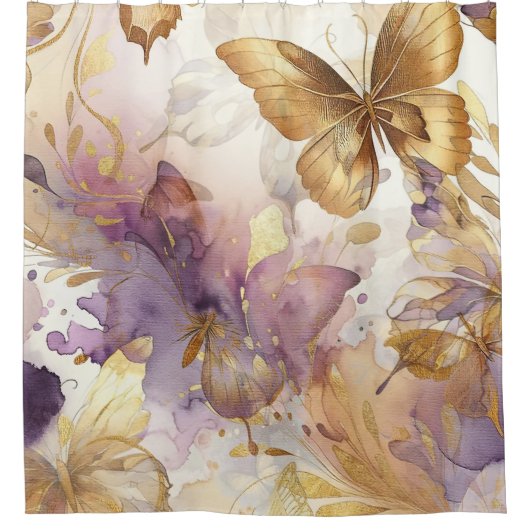 Paarse & gouden vlinder Waterverf vlinders Douchegordijn (Voorkant)