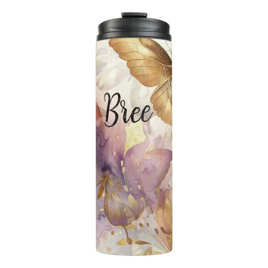 Paarse & gouden vlinder Waterverf vlinders Thermosbeker (Voorkant)