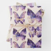 Paarse Gouden Vlinders Bogen Stripes Verjaardag Inpakpapier Vel (In situ)