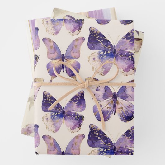 Paarse Gouden Vlinders Bogen Stripes Verjaardag Inpakpapier Vel (In situ)