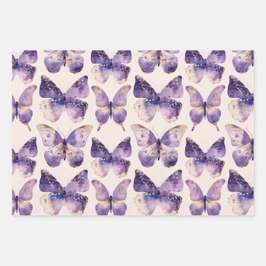 Paarse Gouden Vlinders Bogen Stripes Verjaardag Inpakpapier Vel (Voorkant)