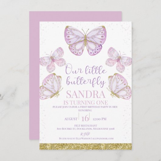 Paarse Gouden Vlinders Meisjes 1e Verjaardagsuitno Kaart (Voorkant / Achterkant)