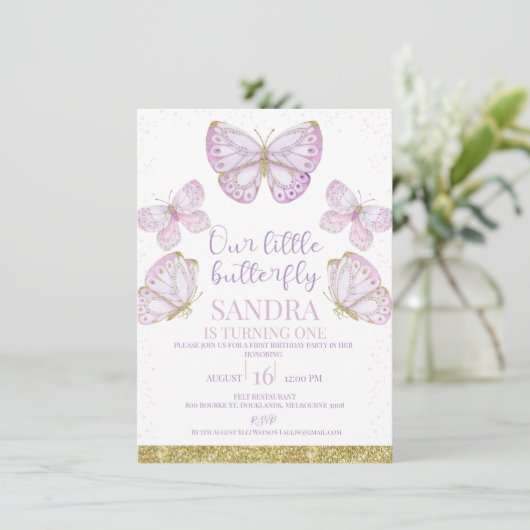 Paarse Gouden Vlinders Meisjes 1e Verjaardagsuitno Kaart (Staand voorkant)