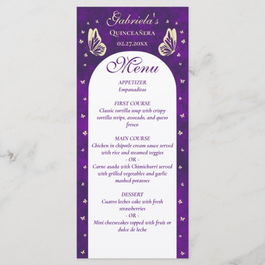 Paarse gouden vlinders Quinceañera 15e verjaardag Menu (Voorkant)