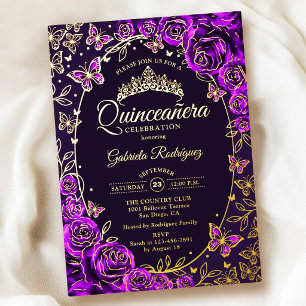 Paarse Gouden Vlinders Rozen Quinceanera Folie Uitnodiging