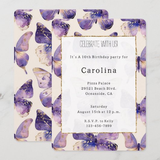 Paarse gouden vlinders verjaardag kaart (Voorkant / Achterkant)