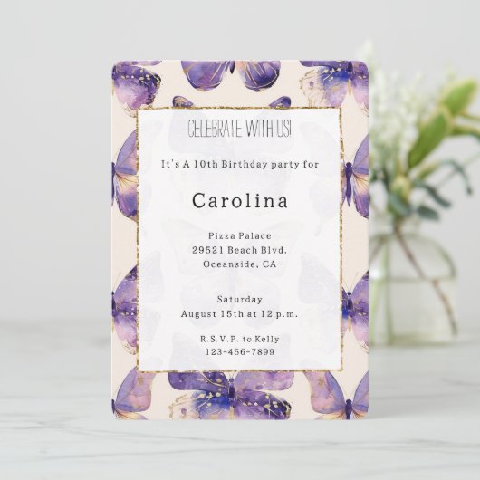 Paarse gouden vlinders verjaardag kaart (Staand voorkant)