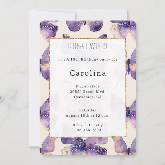 Paarse gouden vlinders verjaardag kaart (Voorkant)