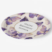 Paarse gouden vlinders verjaardag papieren bordje (Gekanteld)