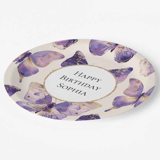 Paarse gouden vlinders verjaardag papieren bordje (Gekanteld)