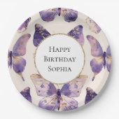 Paarse gouden vlinders verjaardag papieren bordje (Voorkant)