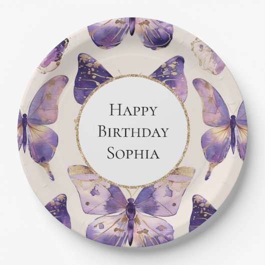 Paarse gouden vlinders verjaardag papieren bordje (Voorkant)