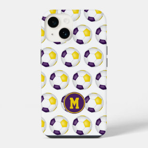 paarse gouden voetbalpatroon met monogram iPhone 14 hoesje
