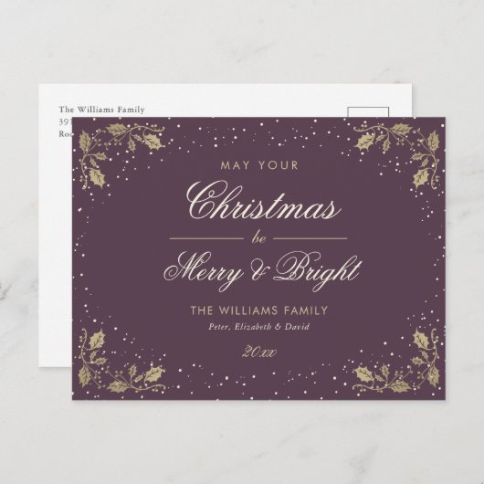 Paarse gouden vrolijk en helder feestdagenkaart (Voorkant / Achterkant)