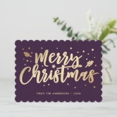 Paarse gouden vrolijke kerstkalligrafie feestdagenkaart (Staand voorkant)