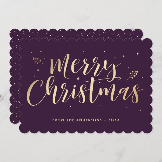 Paarse gouden vrolijke kerstkalligrafie feestdagenkaart (Voorkant / Achterkant)